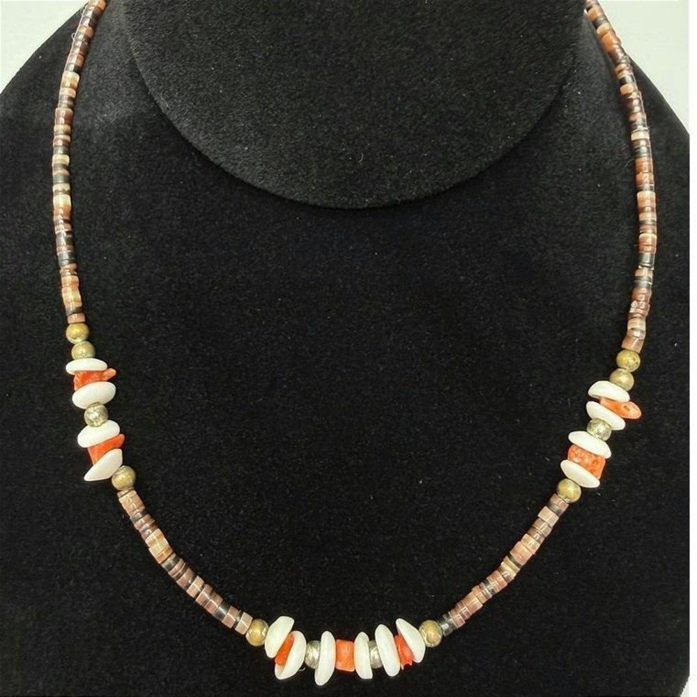 VTG Southwestern Heishi Puka Shell Coral Bead Choker Necklace 17" Boho Casual - Picture 2 of 7